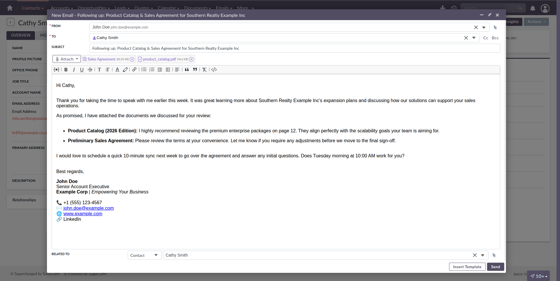 SuiteCRM 8.10 email composer showing document attachments and email body