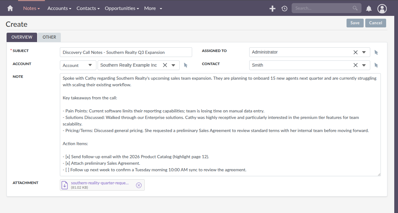 SuiteCRM 8.10 Note record showing subject, note body, and file attachment